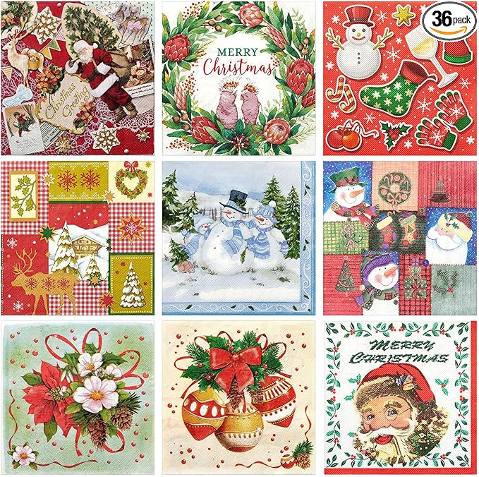 Crtiin 36 Pack 9 Styles Christmas Decoupage Napkins Assorted Christmas Decorative Decoupage Napkins Cocktail Paper for DIY Crafting Party, Each Unfolded 13 Inch