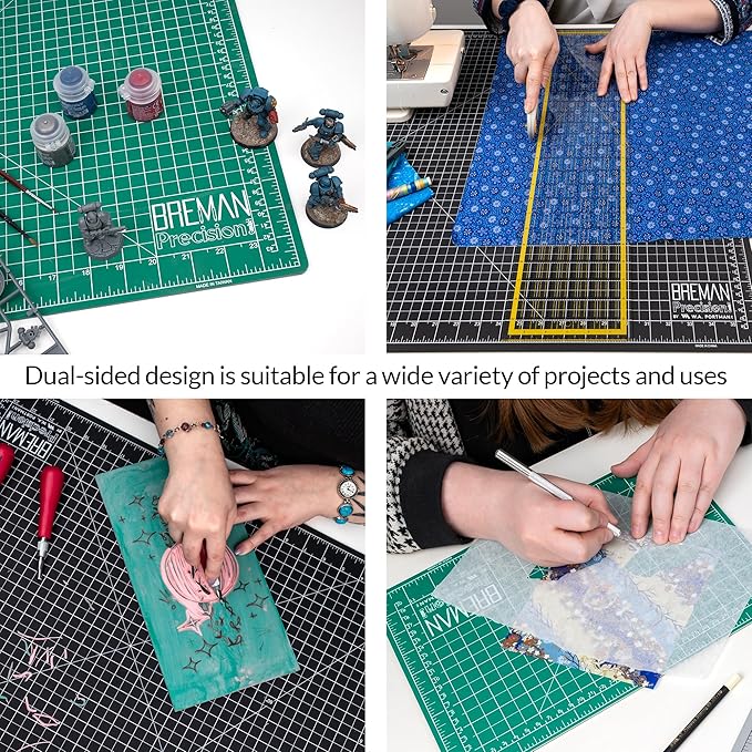 Breman Precision 9x12 Inch Self Healing Cutting Mat - 2-Sided 5-Ply PVC Green/Black Cutting Mats for Crafts, Sewing, Quilting and DIY Projects - Durable and Non-Slip Design with Precise Grid Lines