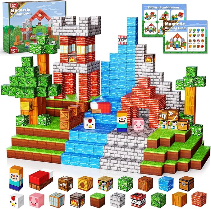 Magnetic Blocks-100PCS Grassland Building Blocks Set, Kids Classroom Sensory Toy, STEM Learning, Construction Stacking Toy for Kids 3+ Boys & Girls