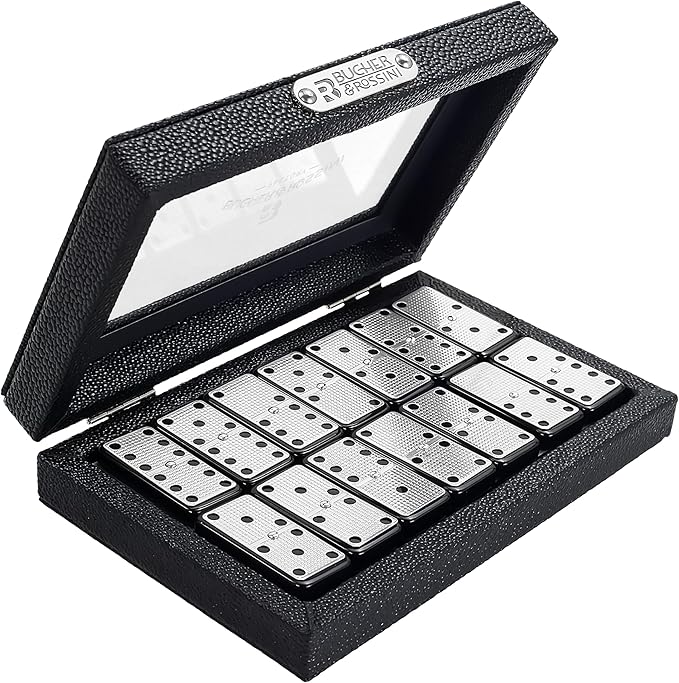 Bucher&Rossini Metal Surface Dominoes Set Double 6 - Classic Black Domino's Game Set with Silver Metal Surface for Adults and Kids Ideal Gift for Domino Players or Family Game Night