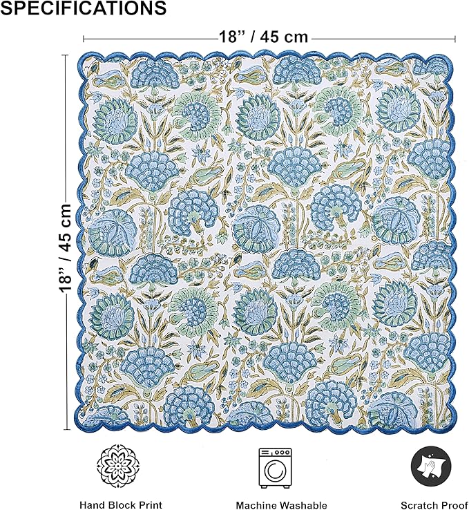 Ridhi Asparagus GreenHand Block Print Napkins 18" x 18" Set of 4 Reusable Cotton Dinner Napkins for Weddings, Parties & Everyday Dining, Thanksgiving, Christmas, Fall
