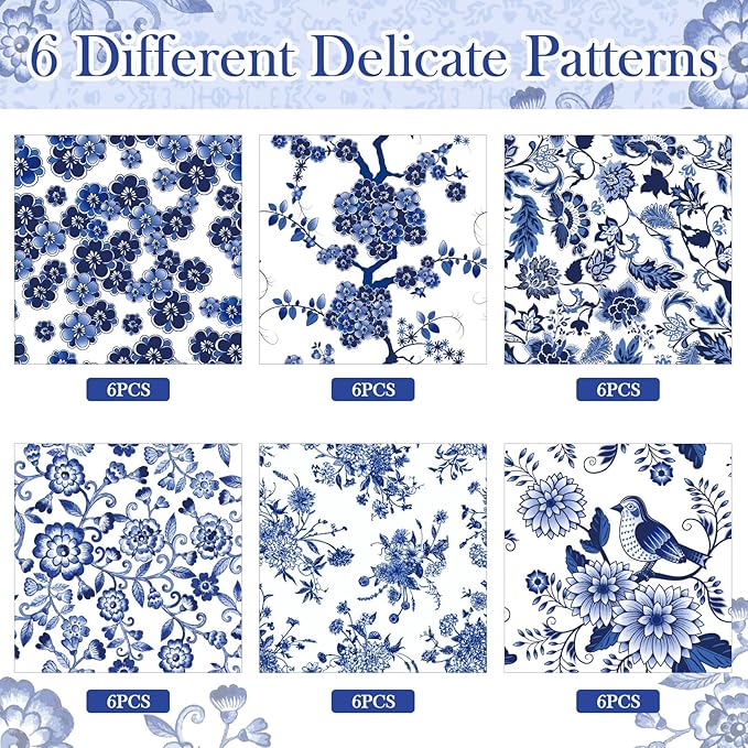 Epakh 36 Pack 6 Style Blue and White Decoupage Paper Napkins Assorted Floral Chinoiserie Decorative Cocktail Napkin Paper for DIY Crafts Fall Christmas Wedding Party Decor, Each Unfolded 13''
