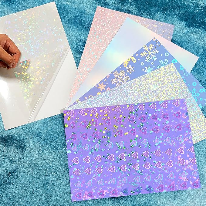 36 Sheets Holographic Sticker Paper Clear A4 Vinyl Sticker Paper Self Adhesive Waterproof Transparent Film Gem Rainbow Star Patterns, 11.7 x 8.3 Inch (Gem,Rainbow,Spot,Star,Snowflake,Heart)