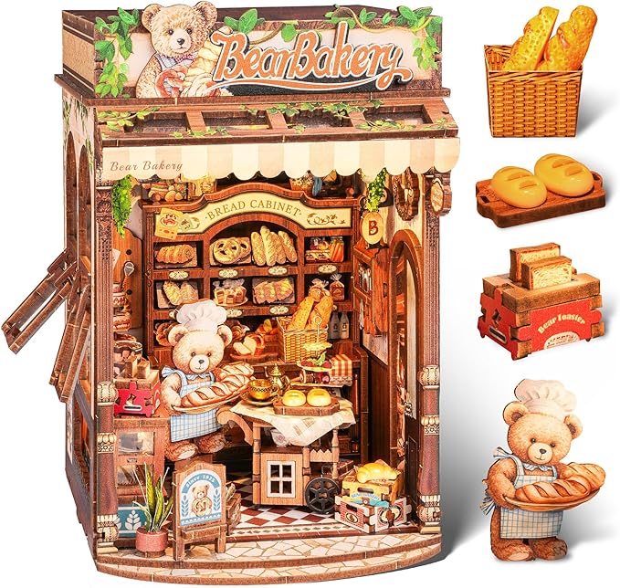 3D Wood Puzzle Bear Bakery LED Dollhouse Book Nook Kit - Miniature Bookshelf Insert DIY Home Decor Gift for Kids and Adults (Bear Bakery)