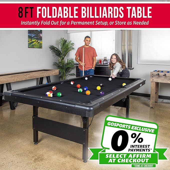 GoSports 6, 7, or 8 ft Billiards Tables - No Assembly, Choose Your Color - Portable Pool Table Includes Full Set of Balls, 2 Cue Sticks, Chalk and Felt Brush