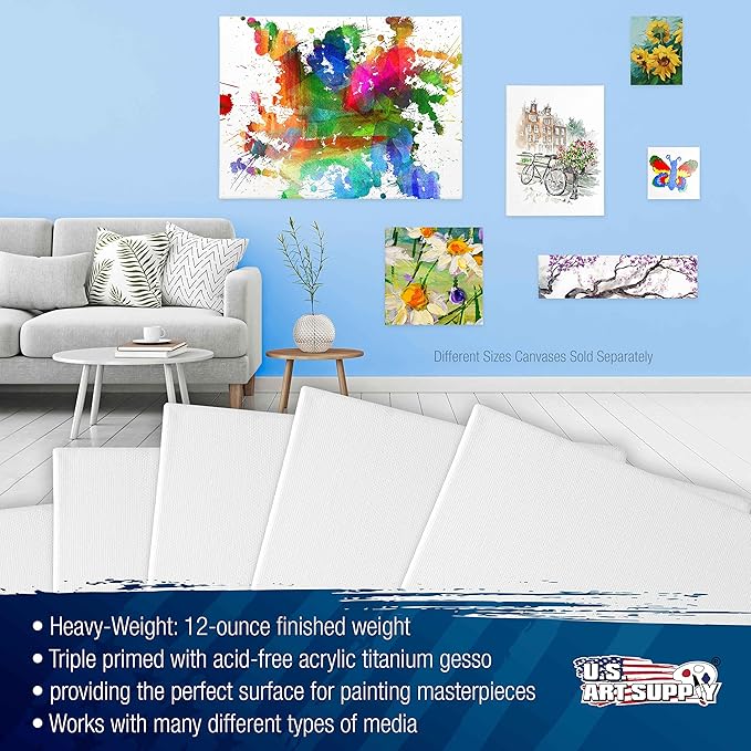 U.S. Art Supply 20 x 20 inch Stretched Canvas 12-Ounce Triple Primed, 6-Pack - Professional Artist Quality White Blank 3/4" Profile, 100% Cotton, Heavy-Weight Gesso - Acrylic Pouring, Oil Painting