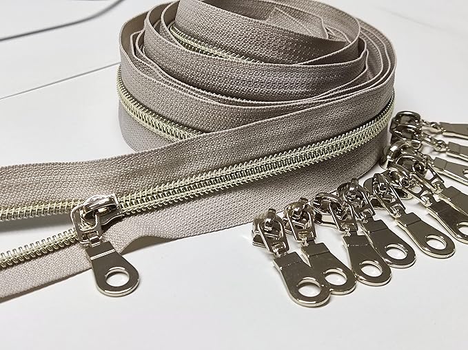 Leekayer #5 Light Gold Teeth Metallic Nylon Coil Zippers by The Yard Bulk 10 Yards Beige Tape with 25pcs Gold Sliders for DIY Sewing Tailor Craft Bag(Beige)