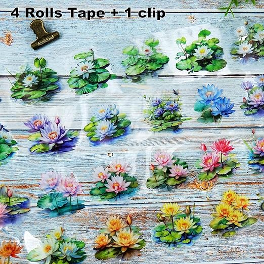Lotus Pond PET Tape Set, 4 Rolls Pre-Cut Floral Stickers for Scrapbooking, Journaling, DIY Crafts, and Planner Decoration