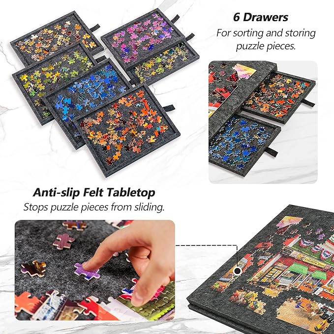 Lavievert Tilting Puzzle Board with 2-in-1 Designed Stand & Cover, Super Lightweight Felt Plateau Storage with 6 Drawers for Adults, Portable Jigsaw Puzzle Table for Up to 1000 Pieces – Gray