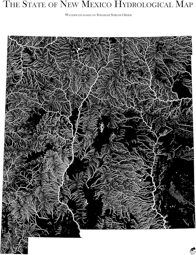 Muir Way Hydrological River Map of New Mexico - Watershed Topographic Wall Art for Home, Office, or Travel Decor - Unframed Flat Paper Print, 18x24