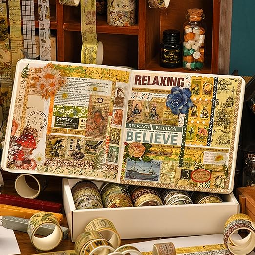 36 Rolls Vintage Washi Tape Pack Retro Arts Adhesive Tapes Wide Chronicle Decorative Masking Tape Sets for Craft, Kids, Scrapbook, DIY, Gift Wrapping (Globetrotting)