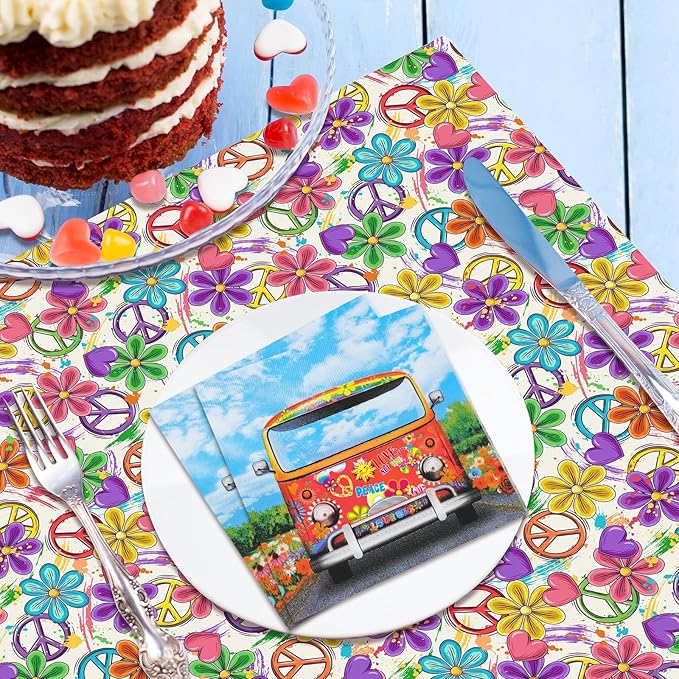 60 Pcs 60's 70's Hippie Party Cocktail Paper Napkins 6.5 x 6.5 Inches Disposable Paper Napkins Dessert Beverage Napkin for Decoupage Luncheon Napkin for Theme Party Wedding Birthday