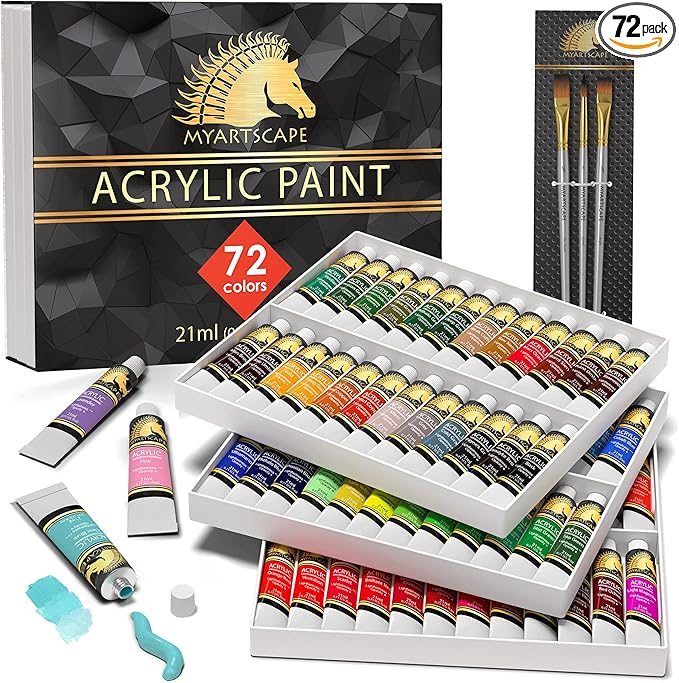 MyArtscape Acrylic Paint Set - 72 x 21ml Tubes with 3 Paint Brushes Art Supplies - Artist Quality Paints - Lightfast - Heavy Body - Highly Pigmented Colors with Great Coverage - Professional Art