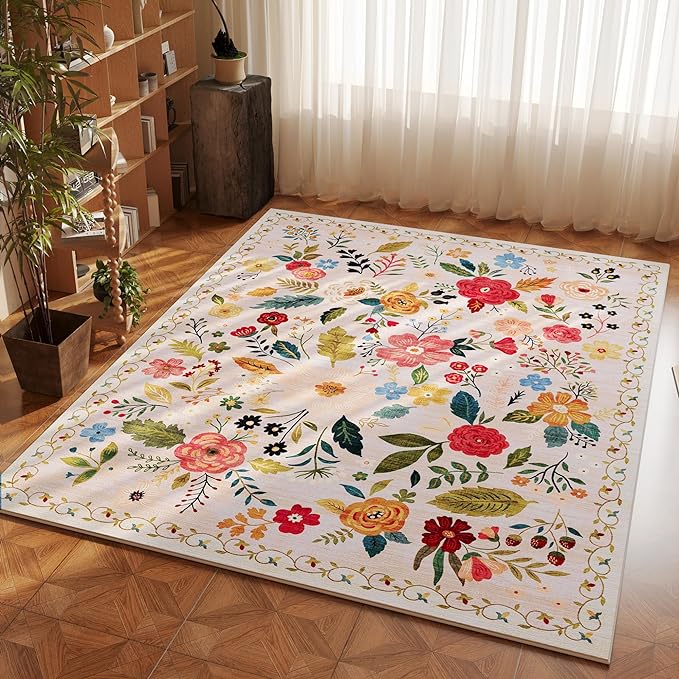 Rugcomf Area Rug 4x6 Rug Washable Boho Rugs Non Slip Low Pile Floral Small Carpet for Bedroom, Bedside, Kids Room, Office, Dining Room(Beige)