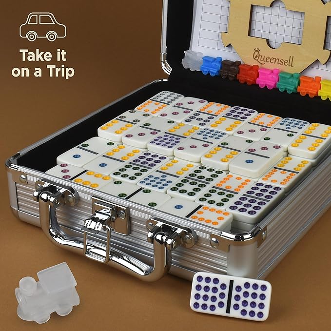 Queensell Mexican Train Dominoes - 136 Colored Dot Double 15s, 9 Trains, Wooden Hub, Aluminum Case