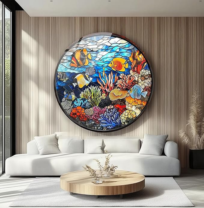 My Photostation.com 20''(50cm) Diameter Coral Reef Mosaic Round Glass Wall Art Tempered Glass Printing Wall Decor Large Wall Art Wall Hangings