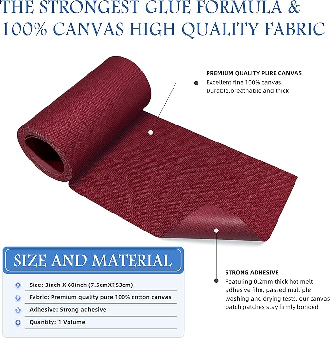 KING MOUNTAIN Canvas Iron on Patch,3"×60",Waterproof 100% Cotton Fabric Repair Patch,Used for Various Sofa,Tent,Clothes,Seats,Suitcases (Burgundy)