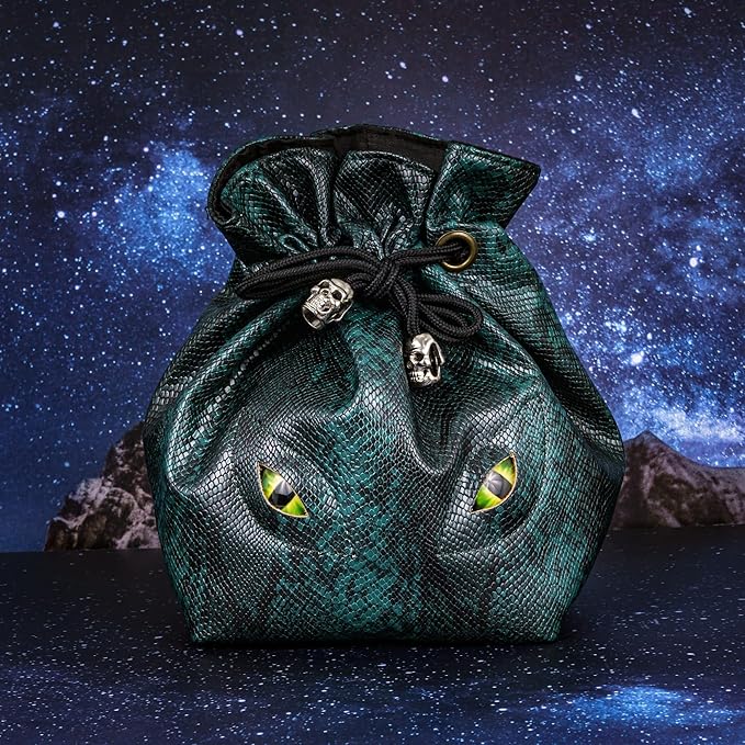 Large DND Dice Bag Leather Dice Storage Bag Dark Green D&D Drawstring Pouch with Pockets for RPG Table Games - Can Hold 200+ Polyhedral Dice