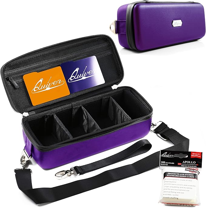 Quiver Time Purple Bolt Card Carrying Case fits Pokemon Cards and other TCG Games - Storage Bag for Playing/Trading Cards and Deck Box (Straps, Dividers & 100 Apollo Card Sleeves)