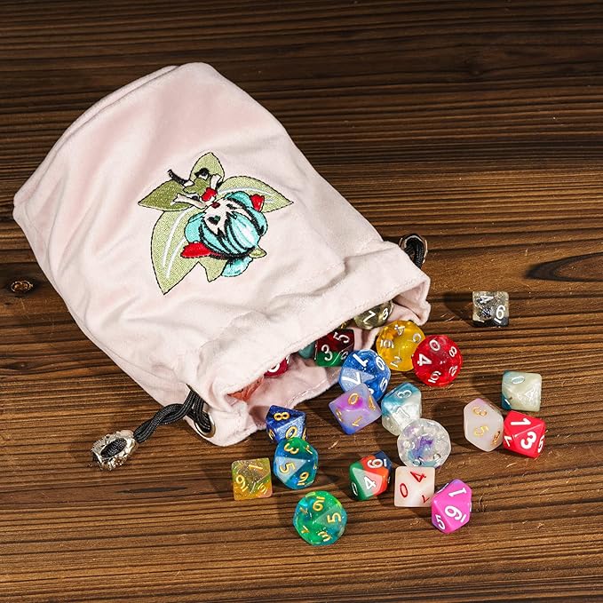 Large DND Dice Bag, Pink Storage Bag with Elf Pattern for D&D Role Playing Games Tabletop Games - Capacity 100+ Polyhedral Dice