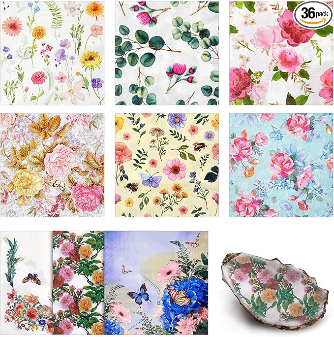Crtiin 36 Pack 9 Styles Decoupage Napkins Assorted Floral Decorative Decoupage Napkins Chinoiserie Cocktail Paper for DIY Crafting Birthday Party, Each Unfolded 13 Inch(Rural Floral)
