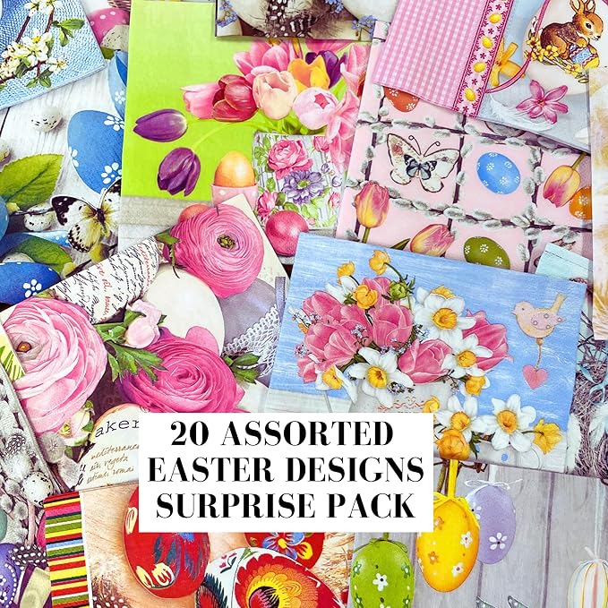 Mystery Pack Decoupage Paper Napkins, 20-ct Assorted Surprise Napkins, Decorative Napkins Easter for Art Craft Junk Journal, 20 Different Designs