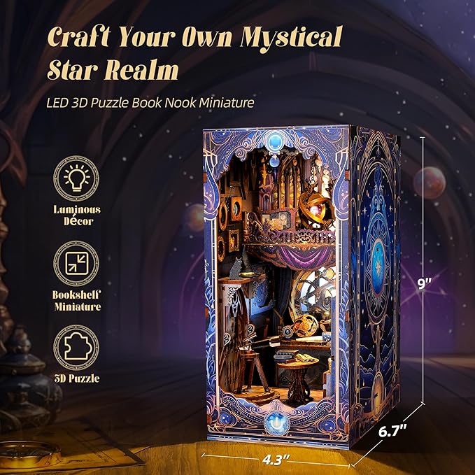 3D Wood Puzzle Book Nook Kit, Astrology Star Map Bookshelf Insert with LED Lights, DIY Celestial Miniature Bookend Décor for Display, Unique Craft Gift for Adults and Teens (Astrology)