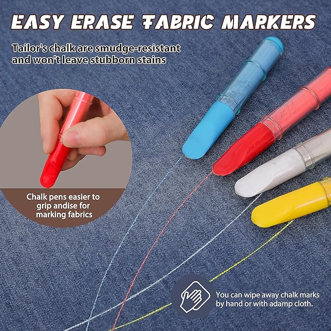 Fabric Chalk Markers for Sewing,Quilting,Crafting|Erasable Tailor Chalk|Work on Various Fabrics|Dosing Wheel Drawing Precise Line(2pk Red,White professional tailors chalks pencil&1Ruler)