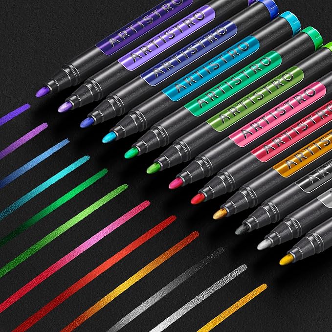 ARTISTRO 12 Metallic Markers, Medium Point Metallic Marker Pens for Wine Glasses, Rock Painting, Black Paper, Scrapbooking Crafts, Card Making, DIY Photo Album, Ceramic