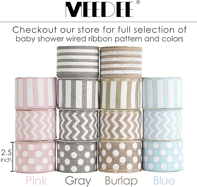 MEEDEE Blue White Stripe Ribbon 2.5 Inch Light Blue Wired Ribbon for Baby Boy Wreath, Baby Shower Elephant Wreath Diaper Cake Supplies, 10 Yards