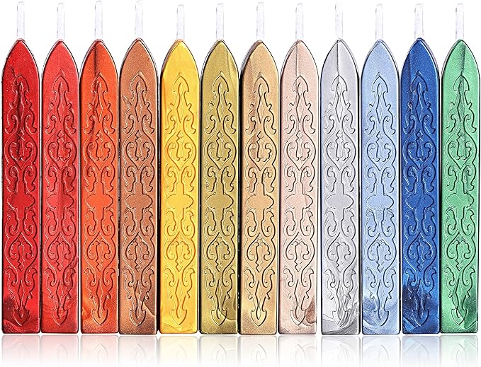 Yoption 12 Pcs Sealing Wax Sticks with Wicks, Antique Metallic Mixed Colors Totem Fire Manuscript Sealing Wax for Wax Seal Stamp (12 Colors B)