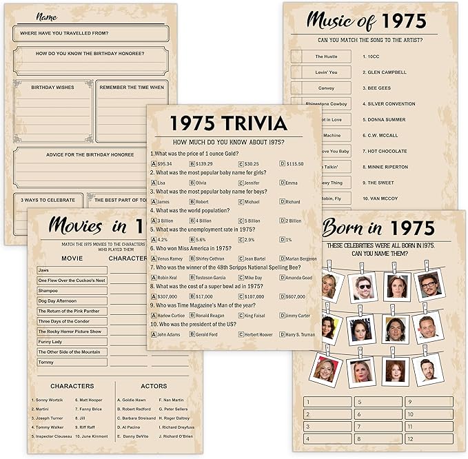 QUPT 50th Birthday Party Games,Set of 5 Activities for 10 Guests, Born in 1975 Games Bundle, Birthday Party Supplies for Adults, Pack of 50 Cards