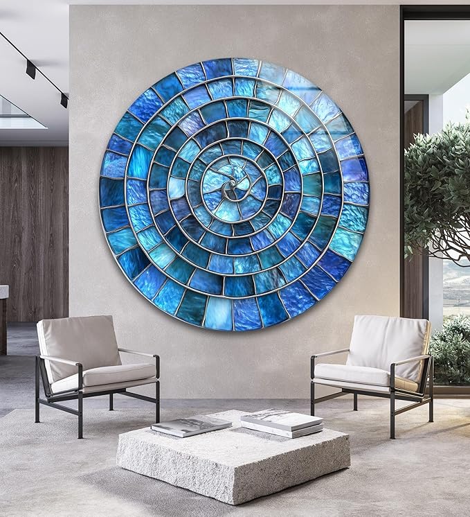My Photostation.com 10''(25cm) Diameter Blue Aqua Spiral Harmony Round Glass Wall Art Tempered Glass Printing Wall Decor Large Wall Art Wall Hangings