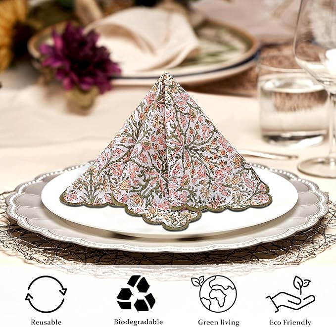 Ridhi Sassy Salmon Pink Hand Block Print Napkins 18" x 18" Set of 4 Reusable Cotton Dinner Napkins for Weddings, Parties & Everyday Dining, Thanksgiving, Christmas, Fall