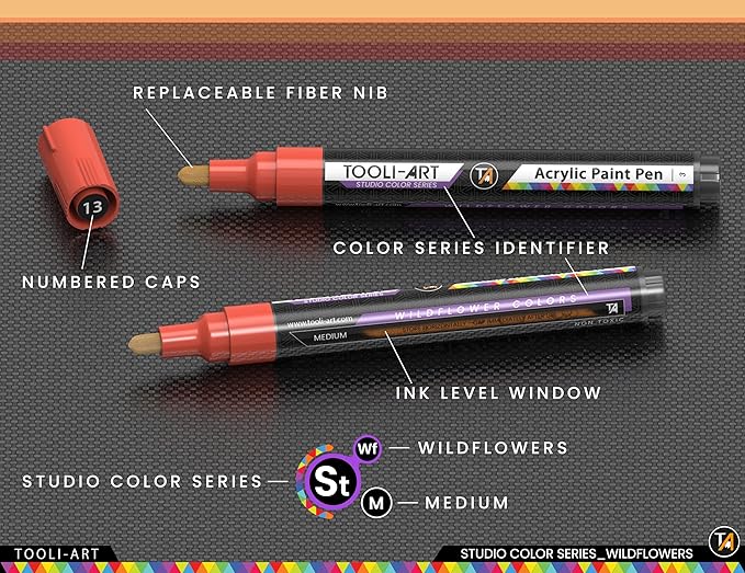 28 Wildflower Colors Acrylic Paint Pens Studio Color Series Markers Set 3mm Medium Tip, Rock Painting, Glass, Mugs, Wood, Metal, Canvas, DIY Projects, Detailing. Non Toxic, Waterbased, Quick Drying