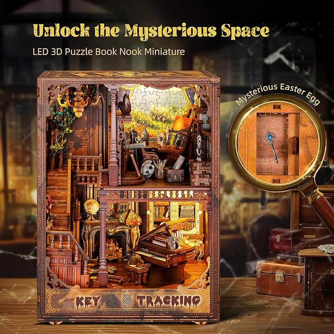 3D Wooden Puzzle Book Nook Kit with LED Light, DIY Miniature Bookshelf Insert Décor for Display, Unique Craft Gift for Adults and Teens (Key Tracking)