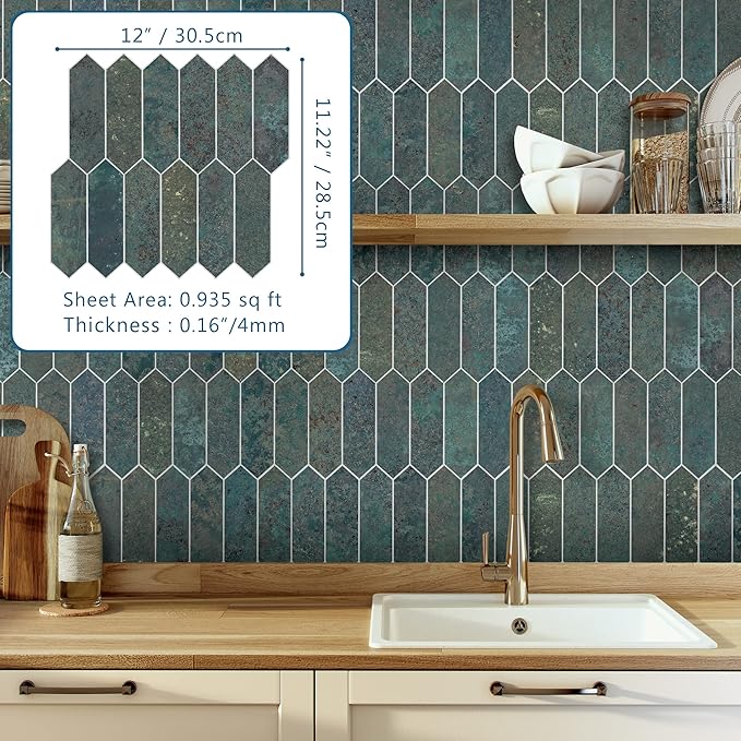 SUNWINGS Backsplash Tile for Kitchen Peel and Stick, Stone Composite Self Adhesive Tiles Faux Marble Pattern Long Hexagon Mosaic Wall Tile for Kitchen, 12 Inch x 11.22 Inch 10 Sheets Green