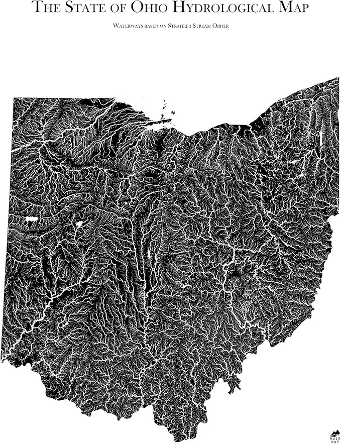 Muir Way Hydrological River Map of Ohio - Watershed Topographic Wall Art for Home, Office, or Travel Decor - Unframed Flat Paper Print, 24x30