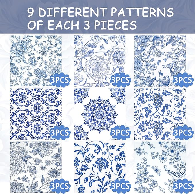 Decoupage Napkins Assorted Floral 27 Pack 9 Styles for DIY Crafting Birthday Party ， Decorative Decoupage Napkins Cocktail Paper ，Each Unfolded 13 Inch (Blue and White Floral)