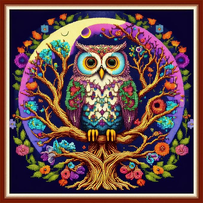 Dimensean Stamped Cross Stitch Kits Full Range of Embroidery Patterns Starter Kits for Beginners Adult or Kids DIY Cross Stitches Needlepoint Kits 11CT-Colorful Owl 17.7x17.7 inch