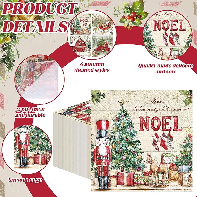 Janlaugh 200 Pcs Christmas Cocktail Napkins Disposable Nutcracker Paper Napkins Decoupage 2 Ply Vintage Santa Beverage Dinner Towels for Xmas Party Favor Supplies