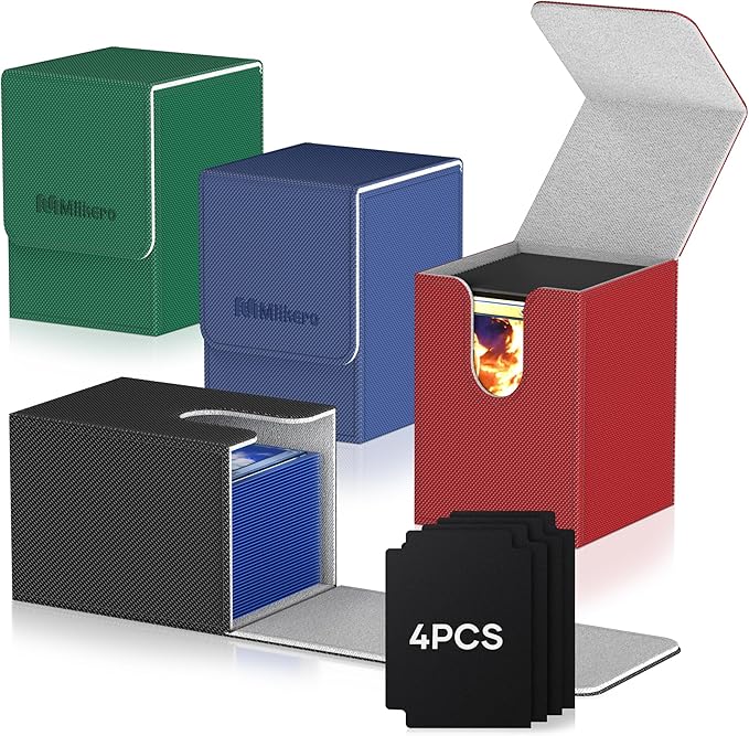 Mlikero 4 Pack Card Deck Box, Commander Deck Box Holds 400+ Single Sleeved Cards with 4 Dividers, Leather Magnetic Card Box Fit for MTG, TCG (4 Colors)