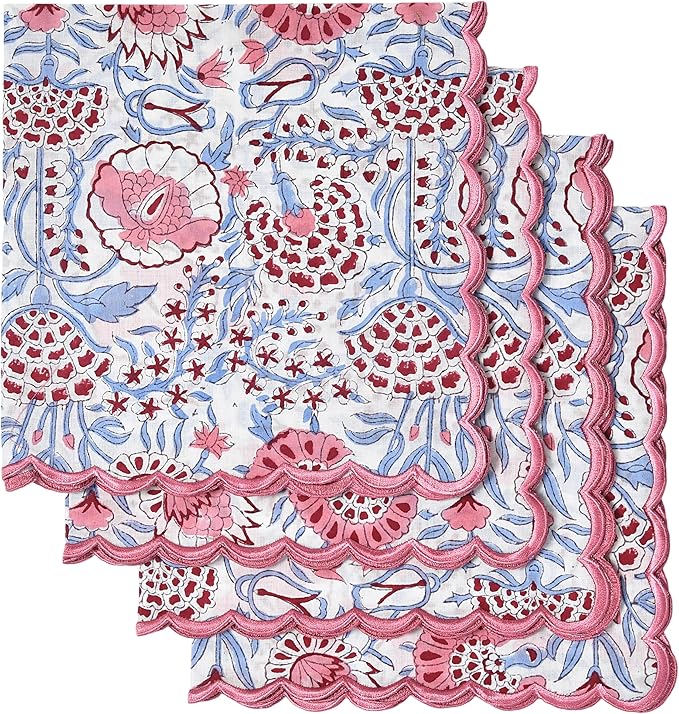 Ridhi Pigeon Blue Hand Block Print Napkins 18" x 18" Set of 4 Reusable Cotton Dinner Napkins for Weddings, Parties & Everyday Dining, Thanksgiving, Christmas, Fall