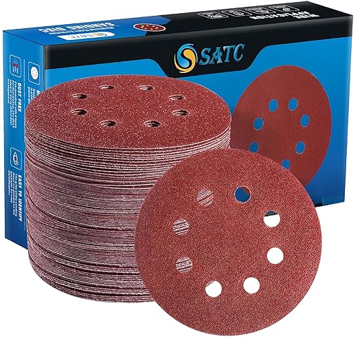 S SATC 72 PCS 5 Inch 8 Hole Hook and Loop Adhesive Sanding Discs Sandpaper for Random Orbital Sander 40 60 80 120 180 240 320 Grits