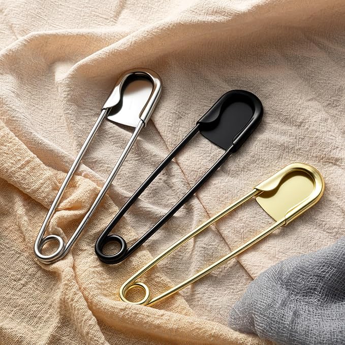 Juexica 10 Pcs 5 Inch Jumbo Stainless Steel Safety Pins Large Heavy Duty Huge Strong Laundry Pins for Upholstery Sewing Quilting Key Rings Craft Outdoor (Black,Silver,Gold)
