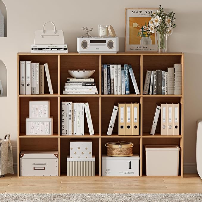 Wooden Cube Storage Organizer with Closed Back Panel, 11in Cube Shelf Opening, Bookshelf, Display Shelf,Closet Cabinet for Home and Office (Natural Oak, 12-Cube 35.98L*9.45W*47.72H)