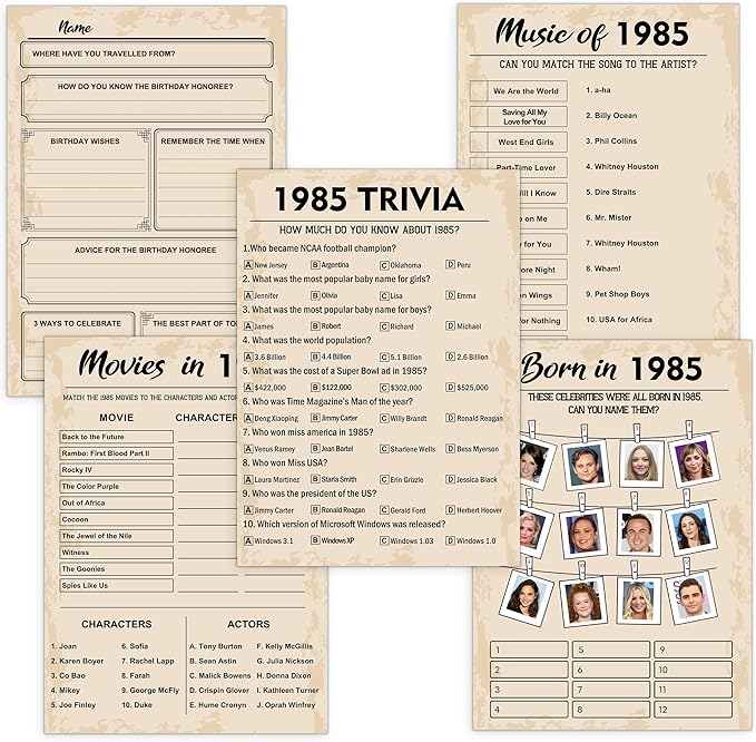 QUPT 40th Birthday Party Games, Set of 5 Activities for 10 Guests, Born in 1985 Games Bundle, Birthday Party Supplies for Adults, Pack of 50 Cards