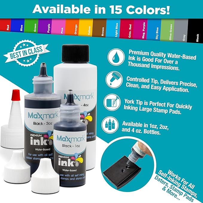 MaxMark Premium Refill Ink for self Inking Stamps and Stamp Pads, Blue Color - 2 oz.
