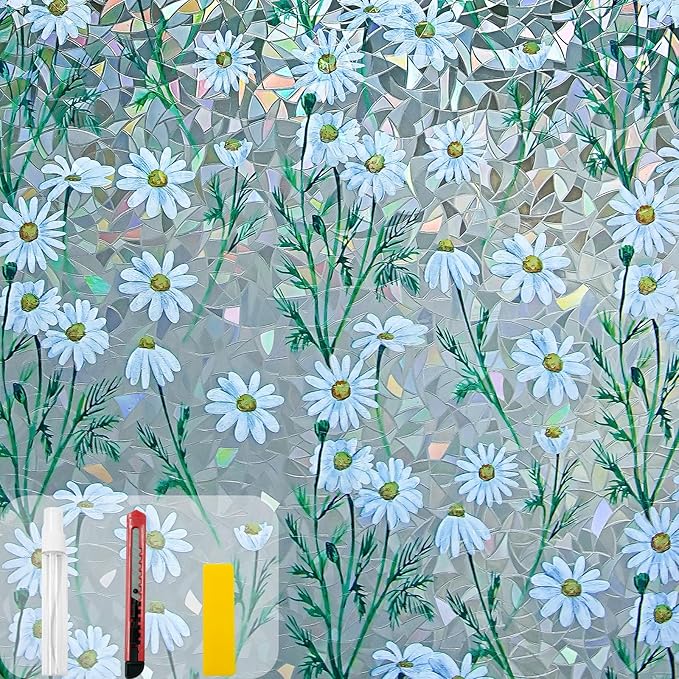 Window Privacy Film Stain Glass Window Film Rainbow Window Film Window clings Non-Adhesive Reusable Decorative for Room (Daisy Rainbow, 23.6 x 78.7 in)