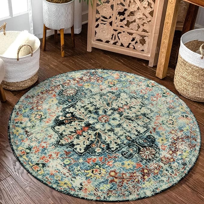 Lahome Bohemian Floral Medallion Round Rug - 3Ft Small Bedroom Round Area Rug Soft Bathroom Circle Mat, Teal Vintage Non Slip Machine Washable Entryway Carpet for Nursery Kitchen Family Room